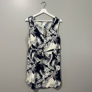 Palmwave Hawaii Sleeveless V-Neck Tropical Print Shift Dress Rayon Cinch Waist